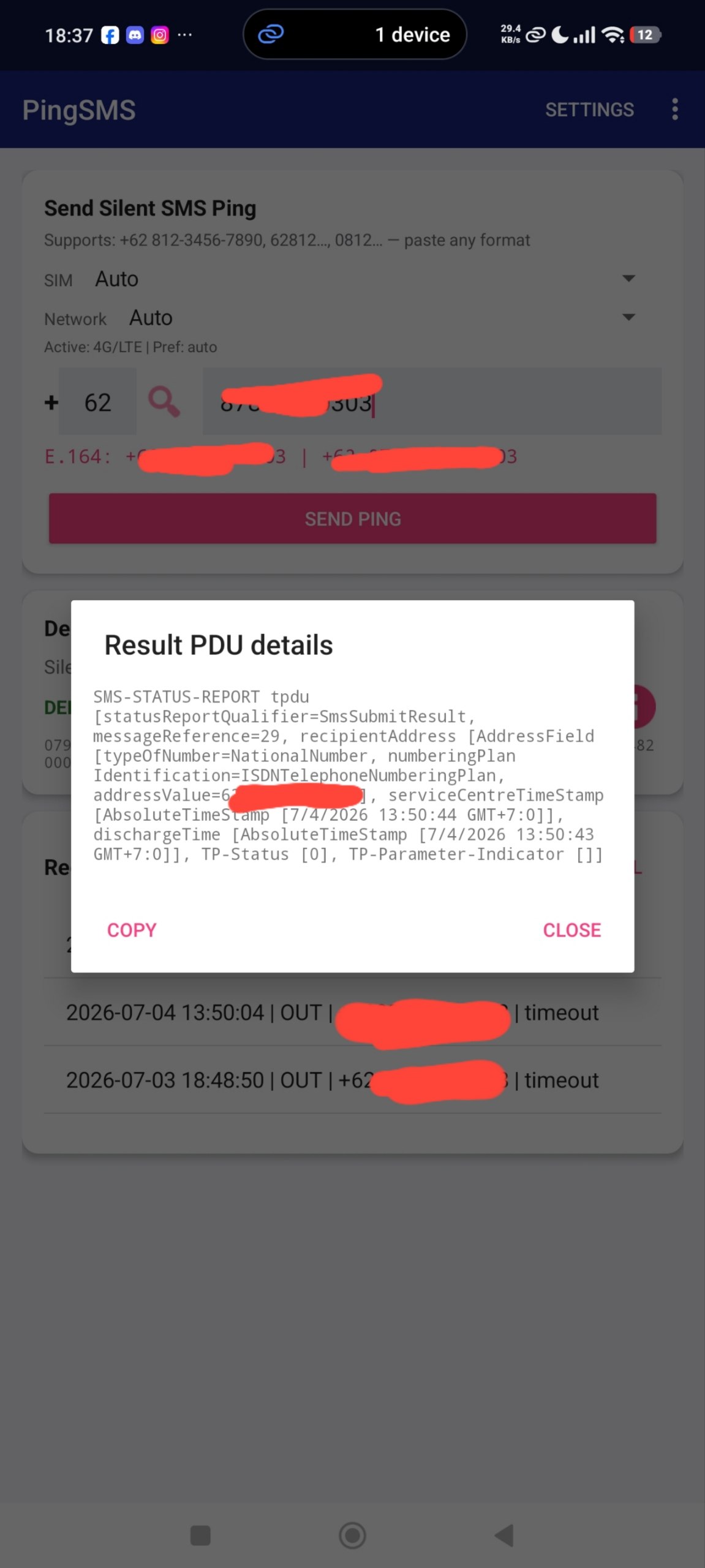 PingSMS dengan detail PDU